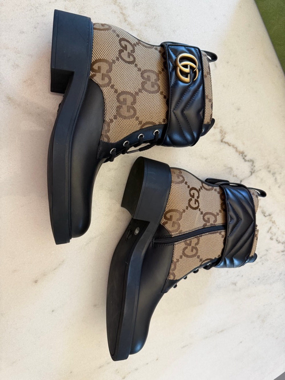 Gucci GG Canvas & Black Leather Ankle Boots with Gold GG Logo.GUCCI Luxury Boots - Picture 6 of 15